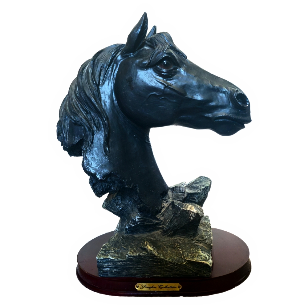 Black Horse Head Bust Sculpture on Wood Base - Decorative Home Art 12" Tall - Picture 3 of 10